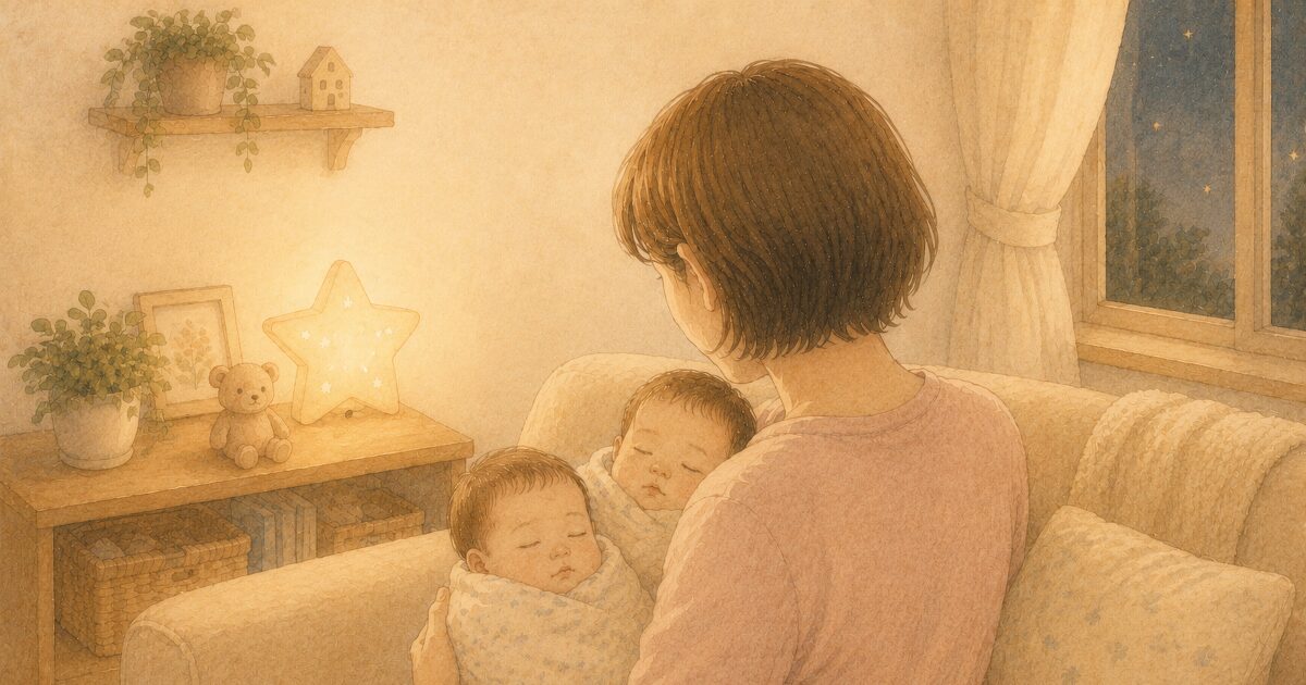 夜中に双子を抱っこする後ろ向きの茶髪ボブ・薄ピンクのママ・水彩イラスト