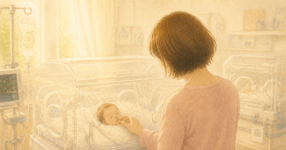NICUの保育器の前に手を伸ばす茶髪ボブ・薄ピンクのママ・水彩イラスト