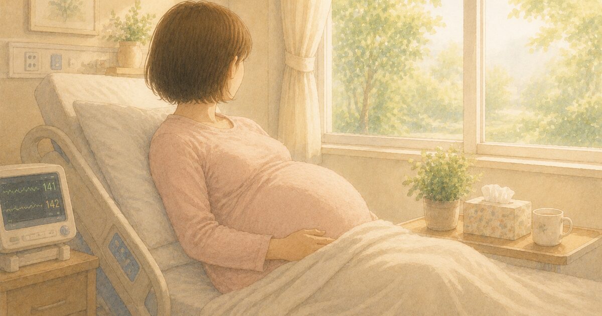 病室のベッドで横になる茶髪ボブ・薄ピンクのママ・水彩イラスト