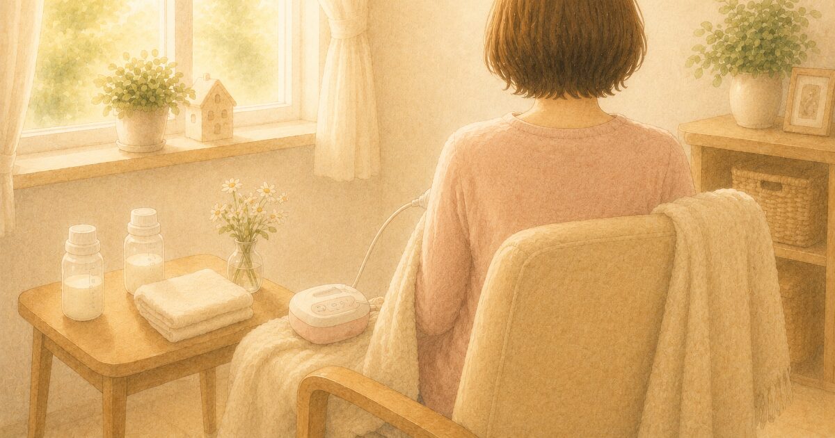 窓辺で搾乳機を使う茶髪ボブ・薄ピンクのママ・水彩イラスト