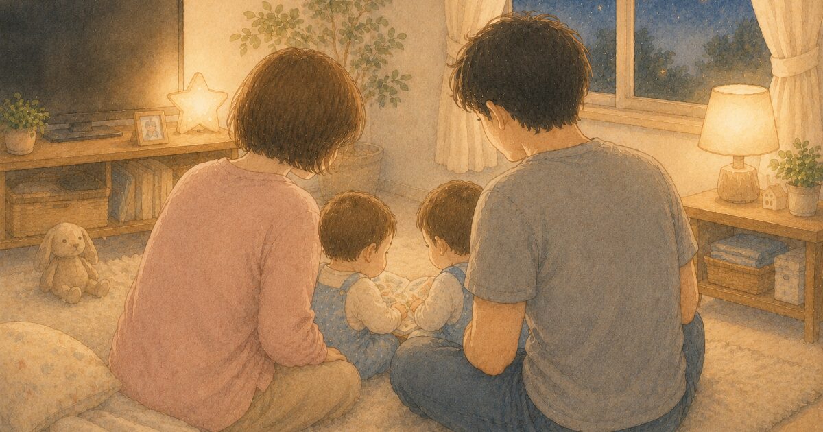パパとママが並んで双子を抱く後ろ姿・水彩イラスト