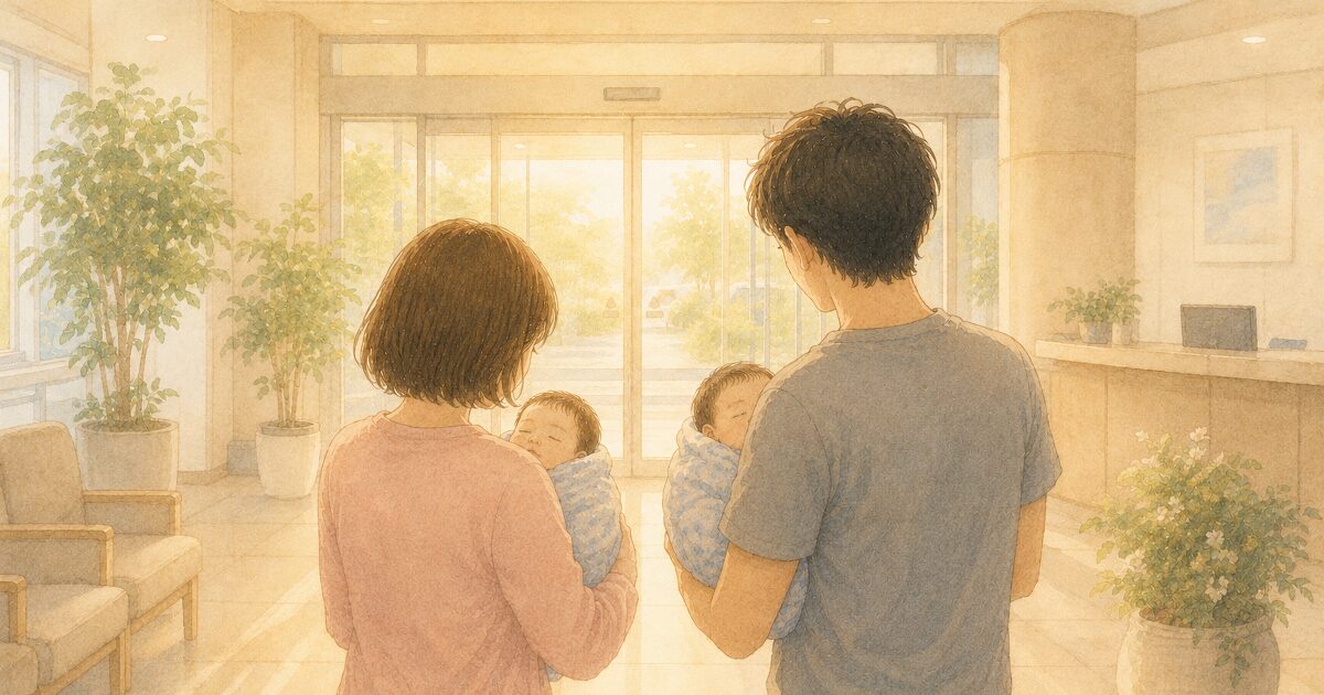 双子を抱いて病院を出るパパと茶髪ボブ・薄ピンクのママ・水彩イラスト