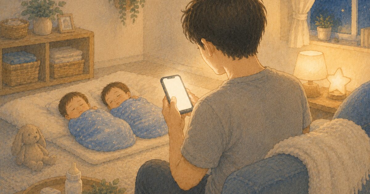 夜中にスマホでぴよログを見るパパ・水彩イラスト