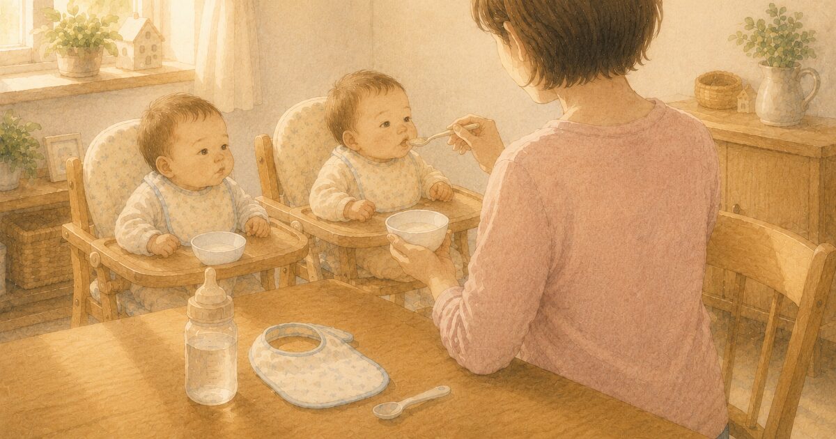 ハイチェアに座った赤ちゃんに最初のスプーンを差し出すママ・水彩イラスト