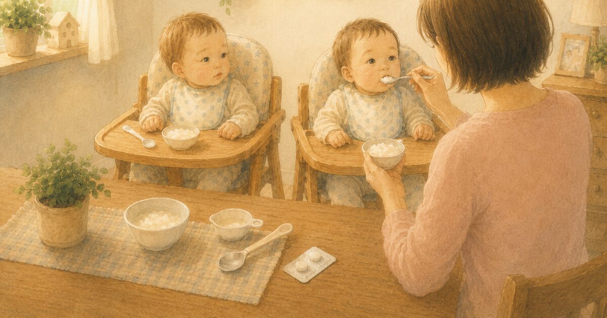 お湯と卵タブレットの手元クローズアップ・水彩イラスト