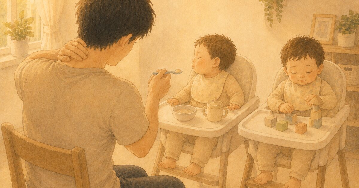 腕を伸ばしてスプーンを差し出し続けるパパの後ろ姿・水彩イラスト