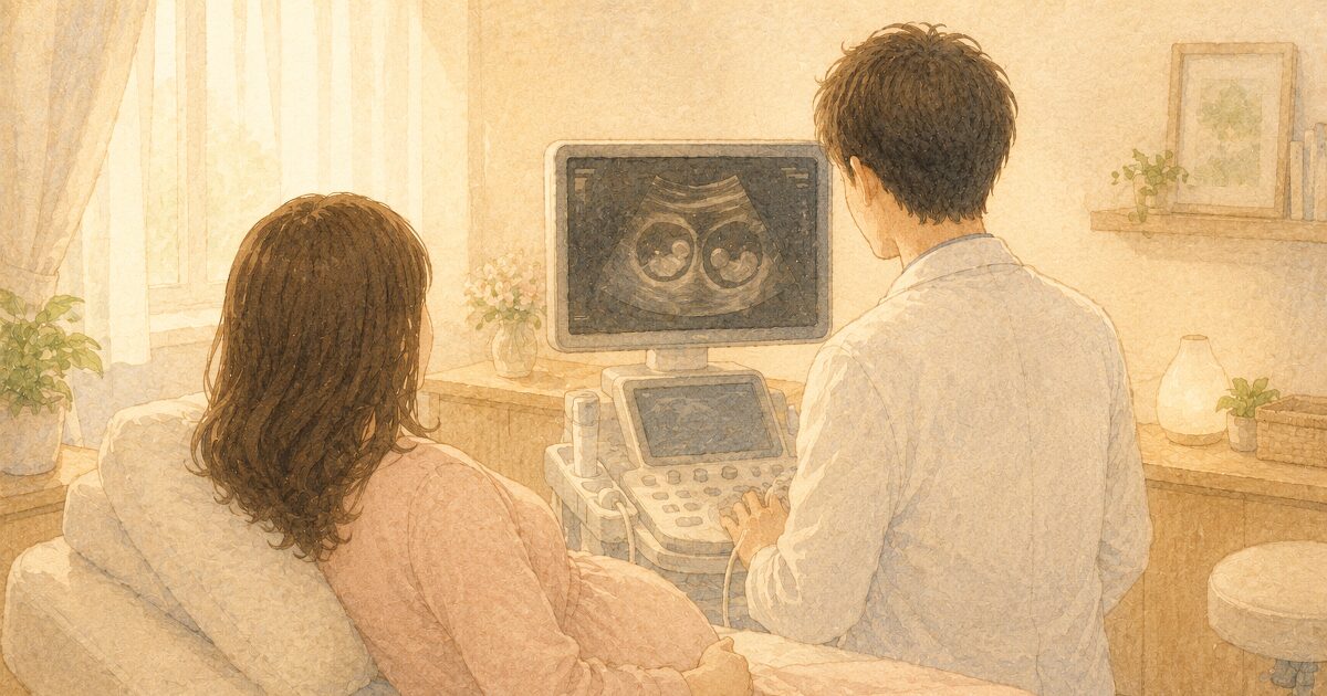 検診ベッドで横たわる妊娠初期の妊婦と医師・水彩イラスト